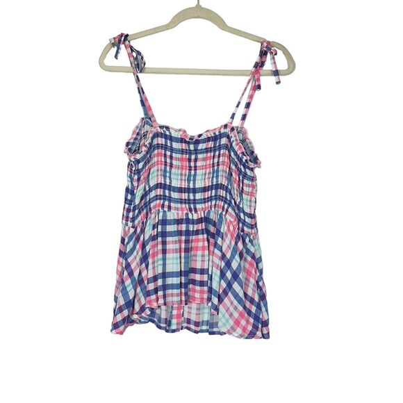Torrid Blue Check Peplum Smocked Bodice Cami Tie Straps Women's Size Large 14 - Picture 3 of 7